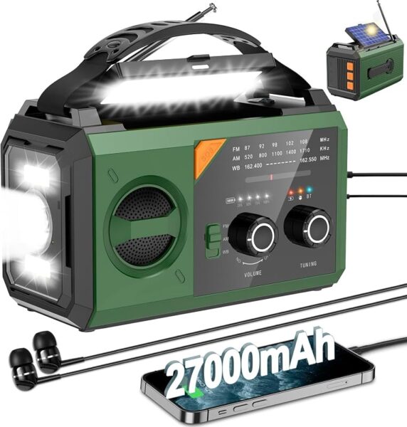 Radio de emergencia solar con manivela y batería de 27000 mAh
